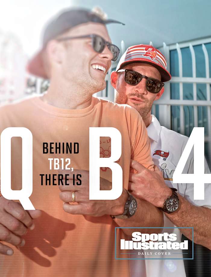 Ryan Griffin holds up a drunk Tom Brady during a Super Bowl LV celebration